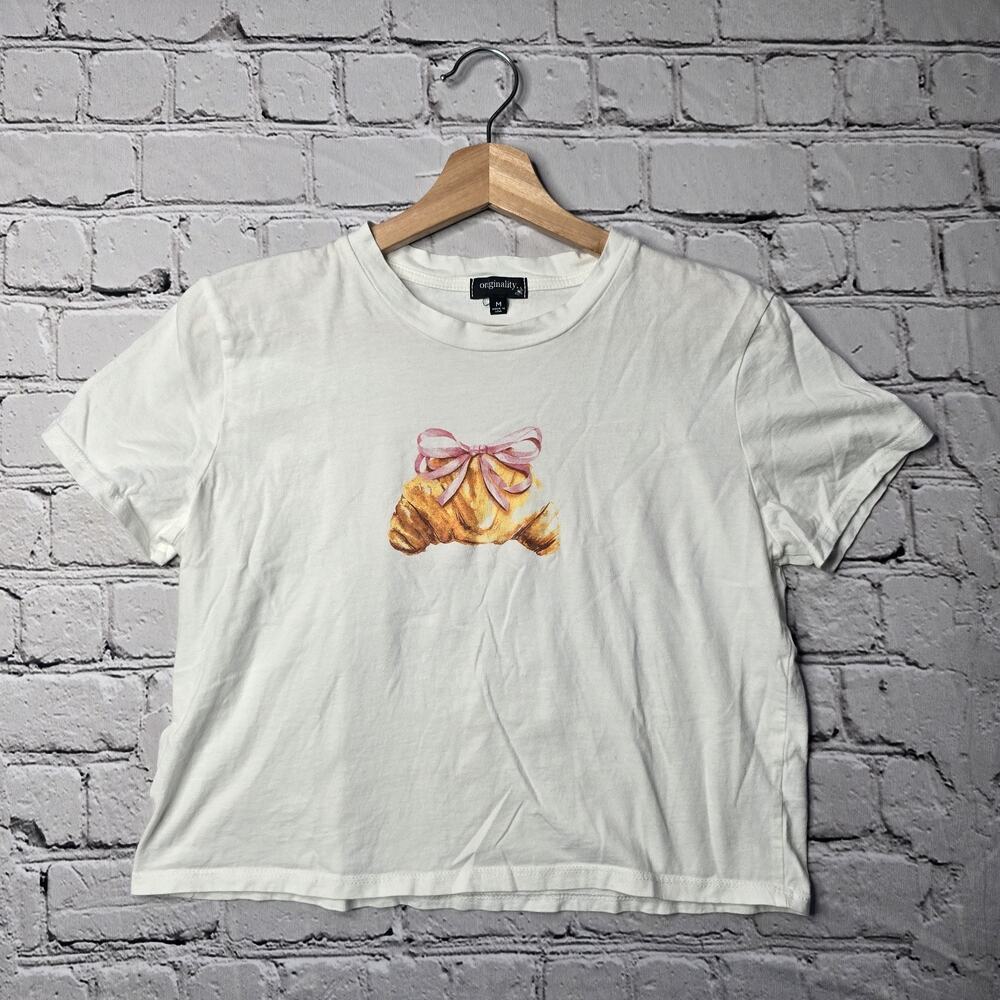 Originality 100% Cotton Parisian Coquette Croissant Bow Print Crop‎ Top Size Med